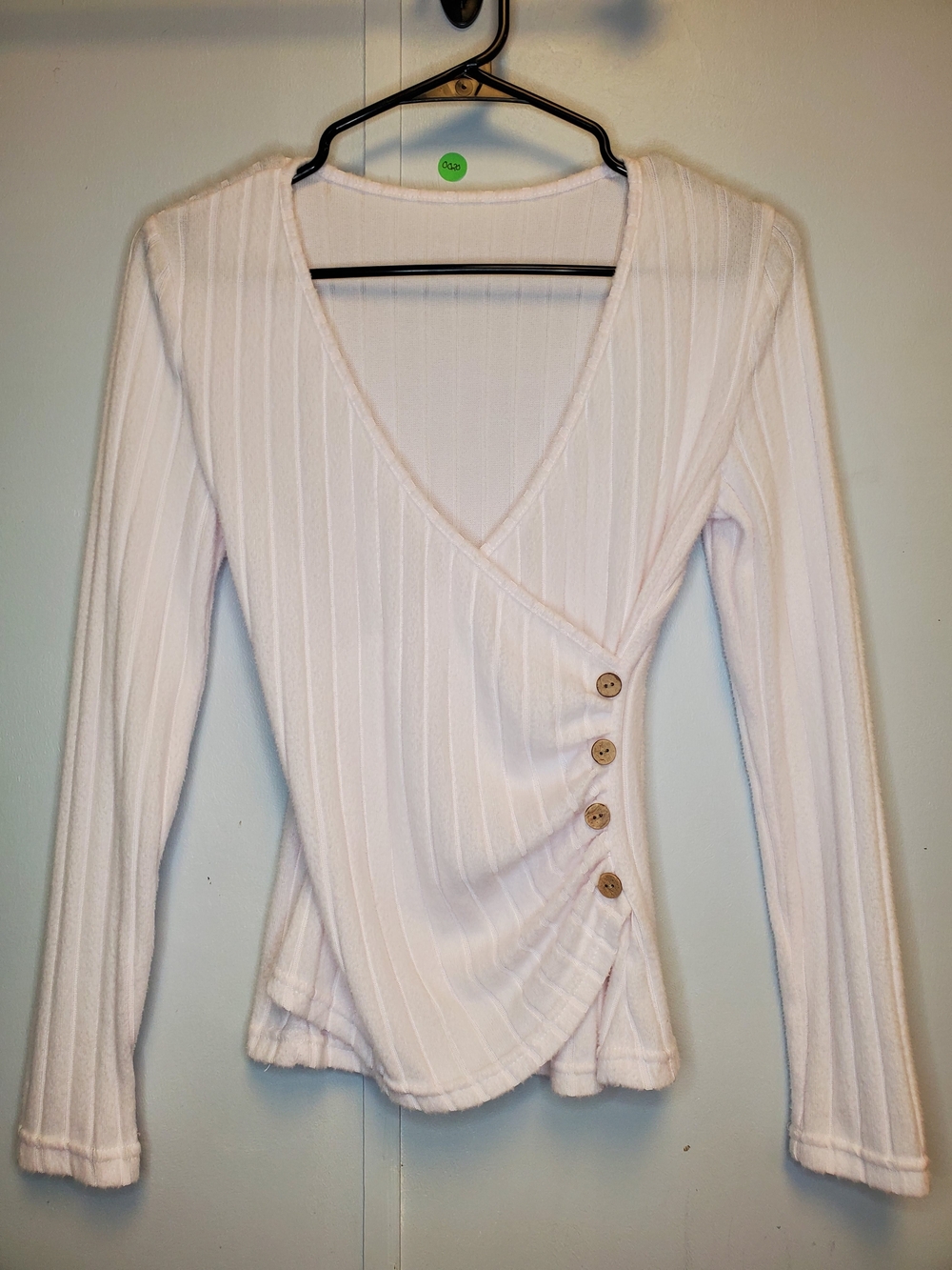 Women's Cream Ribbed Wrap Button Long-Sleeve Top